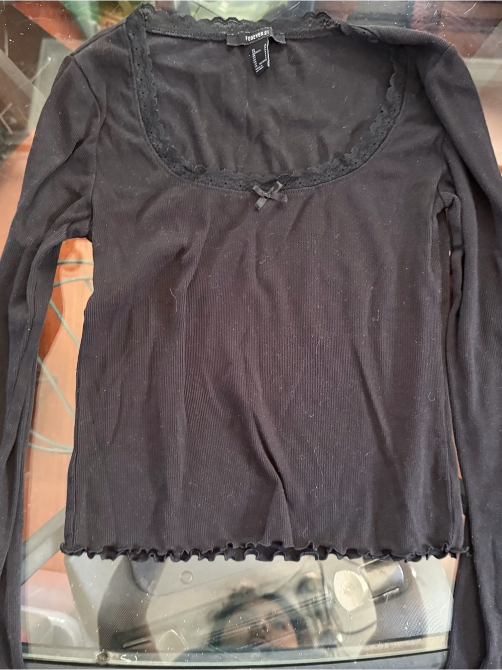 Forever 21 Black Long Sleeve Scoop Neck Top with Bow